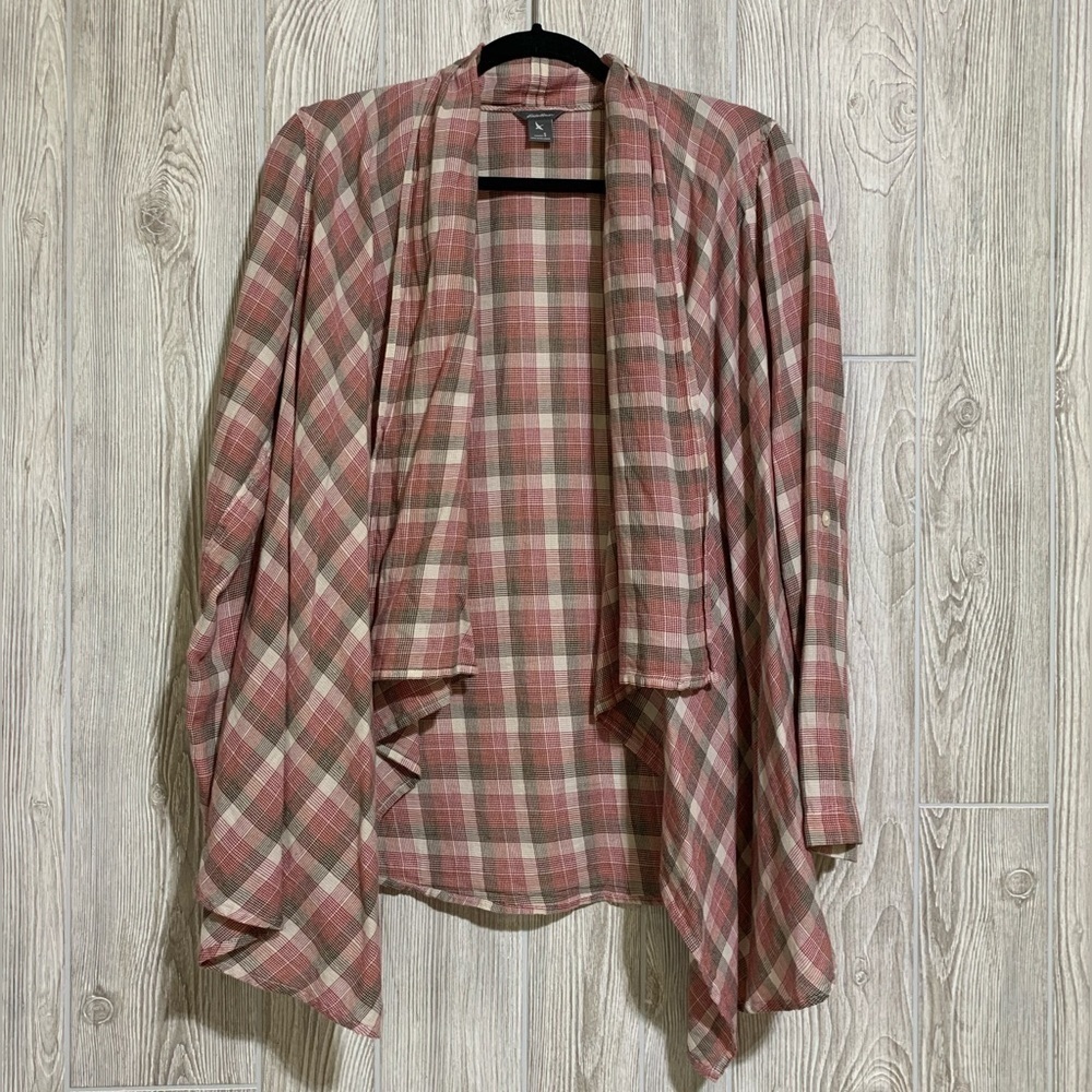 Eddie Bauer Drape Front Plaid Lightweight Cardigan Over Blouse Top Size Small